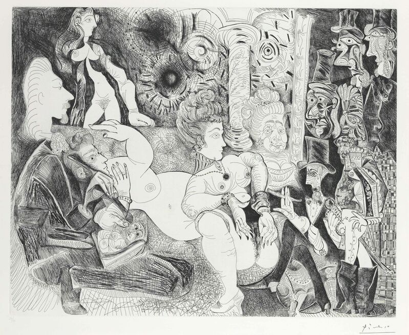 Pablo Picasso, ‘Peintre á lavalière dessinant son modéle dans le cadre de la maison tellier, from La Série 156’, 1970, Print, Etching, on Rives paper, Christie's
