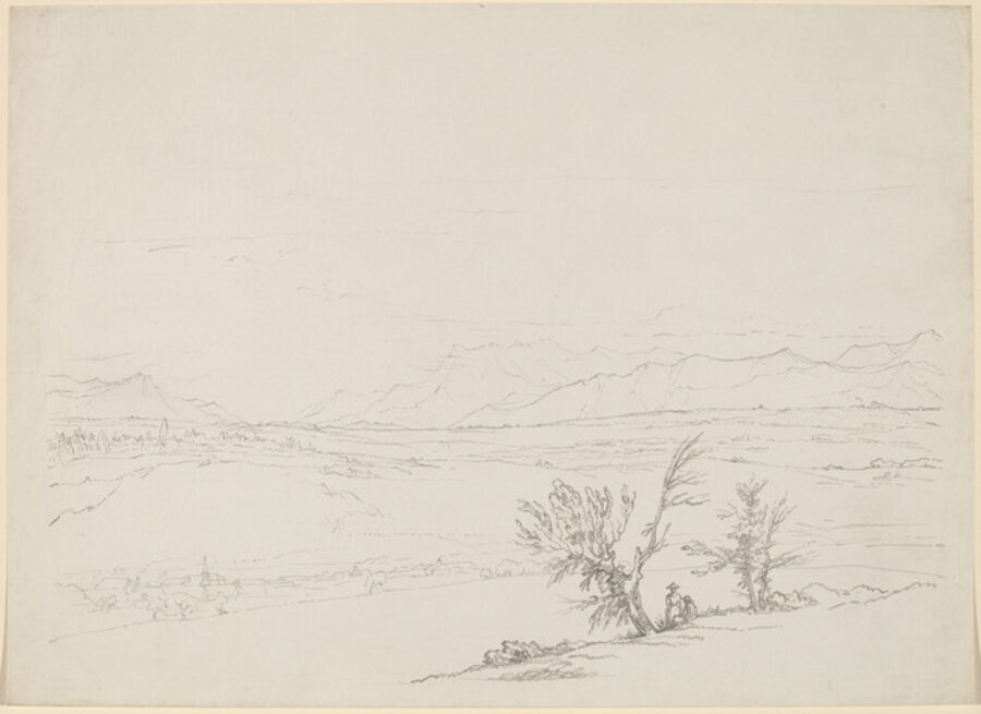 An Alpine Landscape with a Couple Seated by Trees Overlooking a Valley