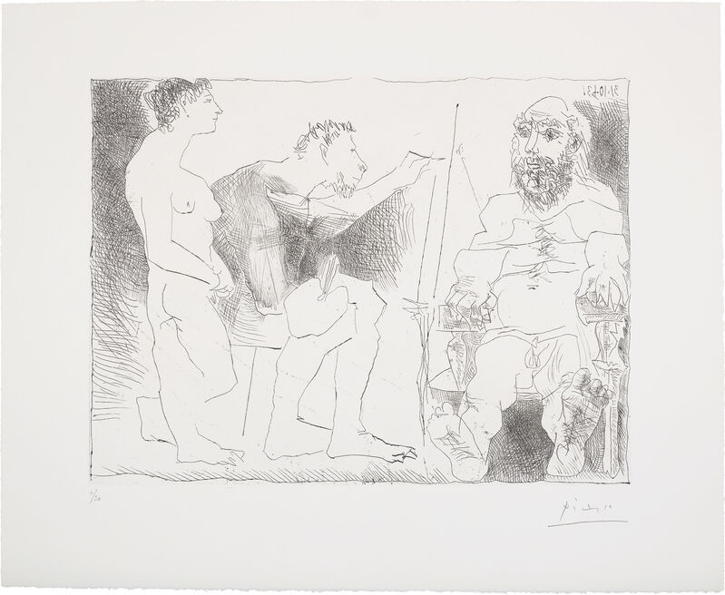 Pablo Picasso, ‘Peintre avec un modèle barbu et une spectatrice (Painter with a Bearded Model and a Spectator)’, 1963, Print, Etching, on BFK Rives paper, with full margins., Phillips