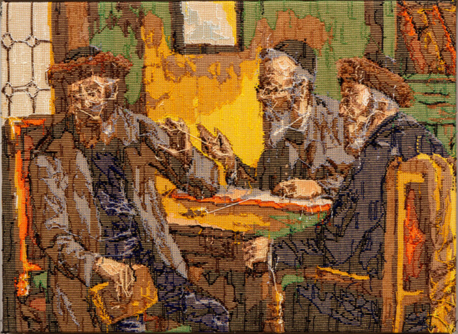Torah study, three Jewish men at the table