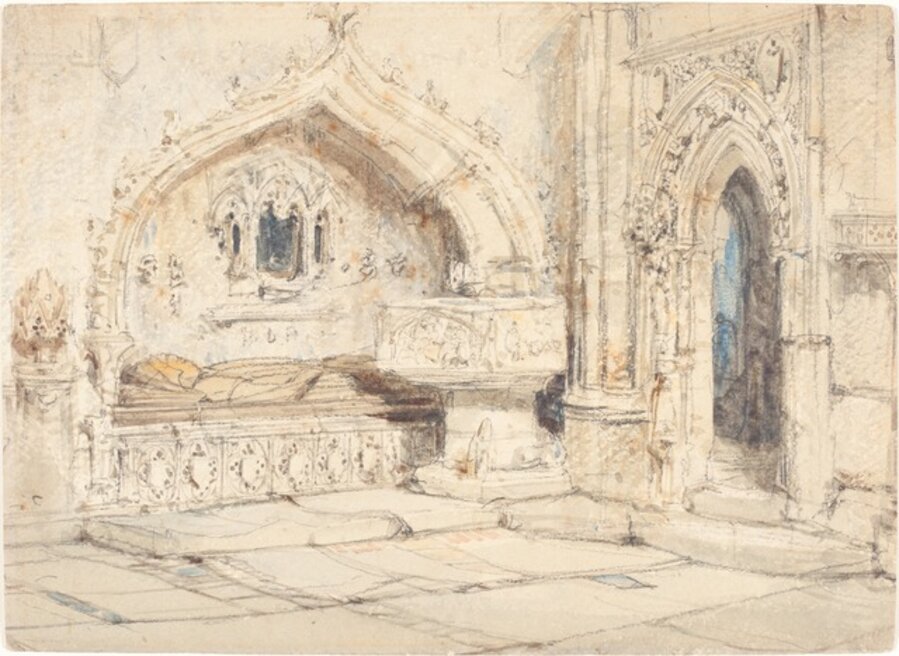 Interior of a Church with a Wall Tomb and Medieval Font