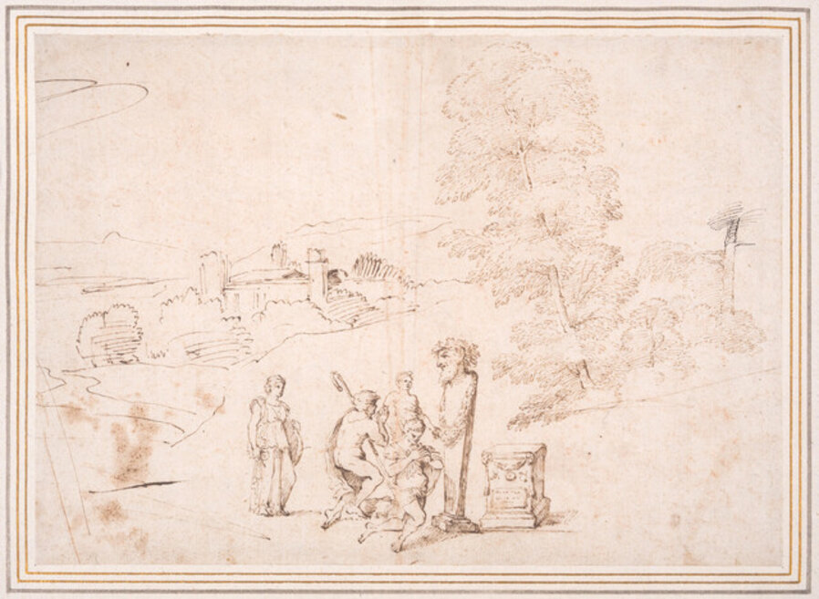 Landscape with shepherds kneeling before a term