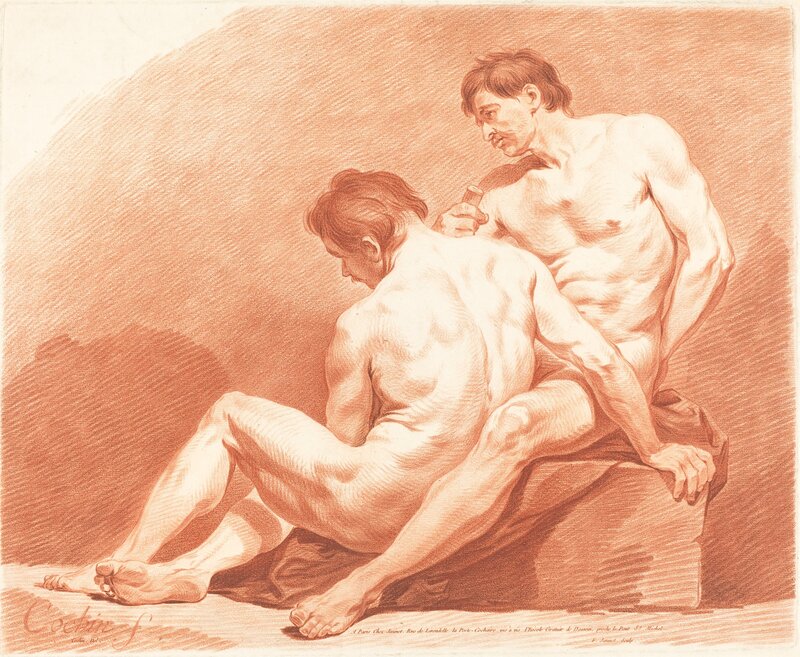 Jean-François Janinet after Charles-Nicolas Cochin the Younger, ‘Two Male Nudes’, ca. 1774, Print, Chalk manner printed in red ink on laid paper, National Gallery of Art, Washington, D.C.