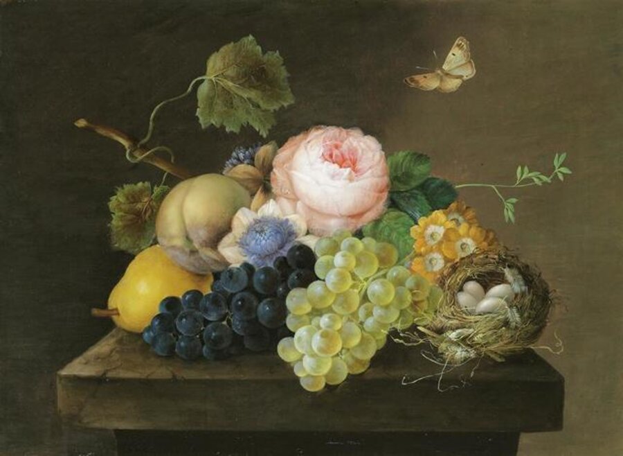 Still life with grapes, pears, flowers and a bird's nest