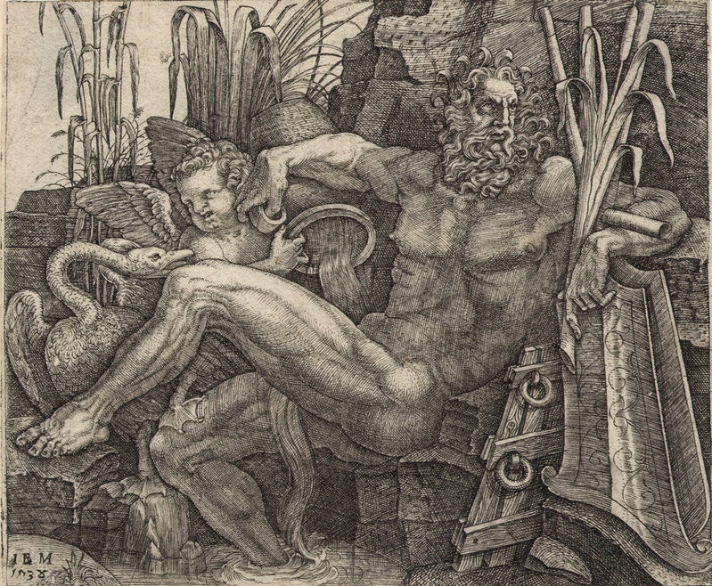 Giovanni Battista Scultori, ‘River God Po with a putto, reclining on a rocky bank. After Michelangelo Buonarroti, (1475–1564)’, ca. 1538, Print, Engraving, August Laube Buch & Kunstantiquariat