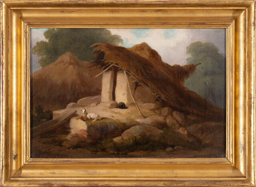 Thatched dwellings with goat, Bengal
