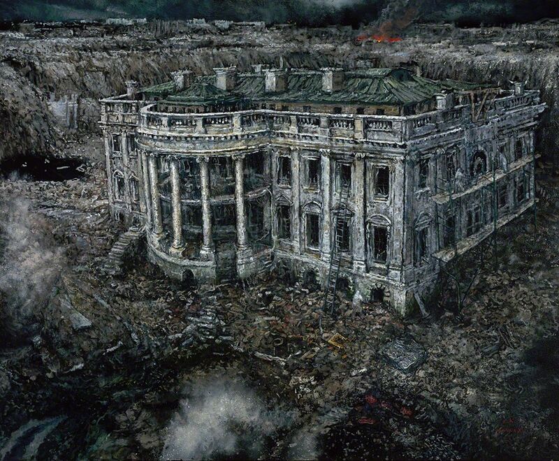 Chester Arnold, ‘A Natural History of Disaster II: The Excavation of the White House, 2152 A.C.’, 2019, Painting, Oil on canvas; artist made frame, Catharine Clark Gallery