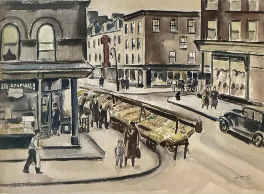 "NYC St. Corner" American Scene Social Realism Mid-20th Century Modern Cityscape