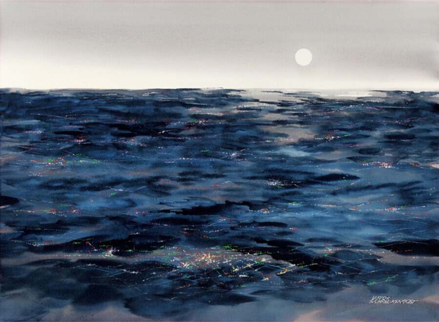 Darkness Below - Abstract Marine Scene in Cobalt Blue with Colorful Accents