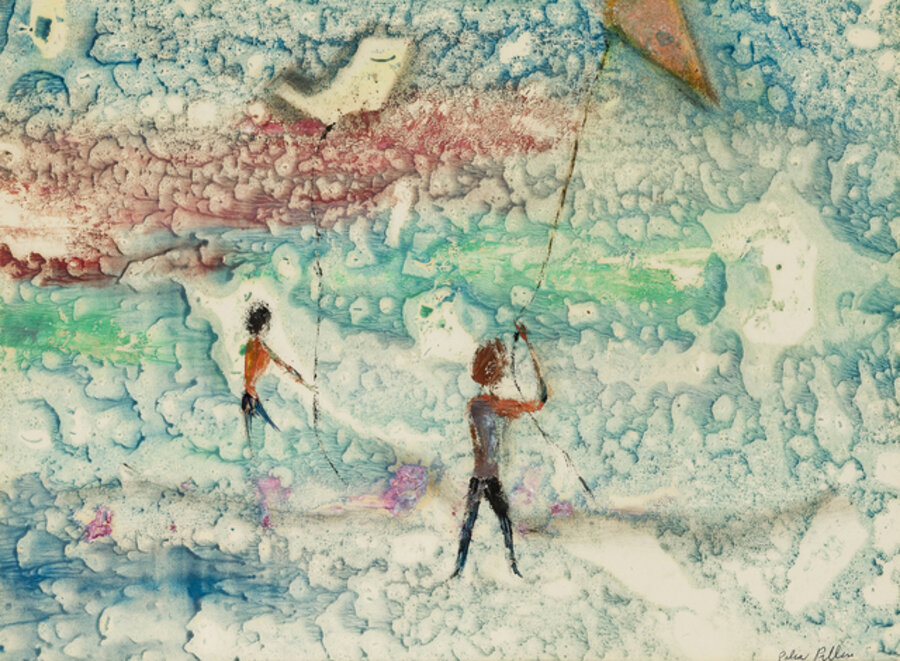 Girl and boy flying kites