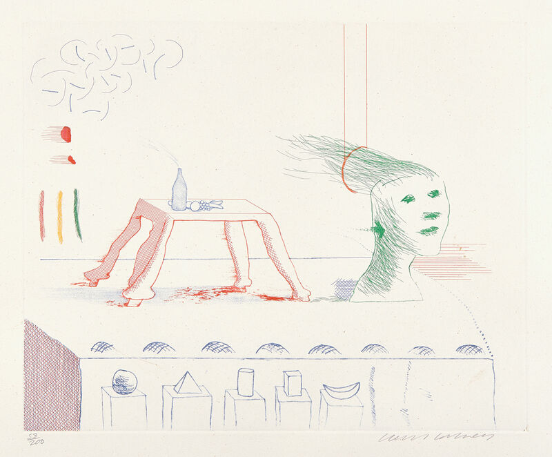 David Hockney, ‘A Moving Still Life, from The Blue Guitar (S.A.C. 216, M.C.A.T. 195)’, 1976-1977, Print, Etching and aquatint in colors, on Inveresk paper, with full margins., Phillips