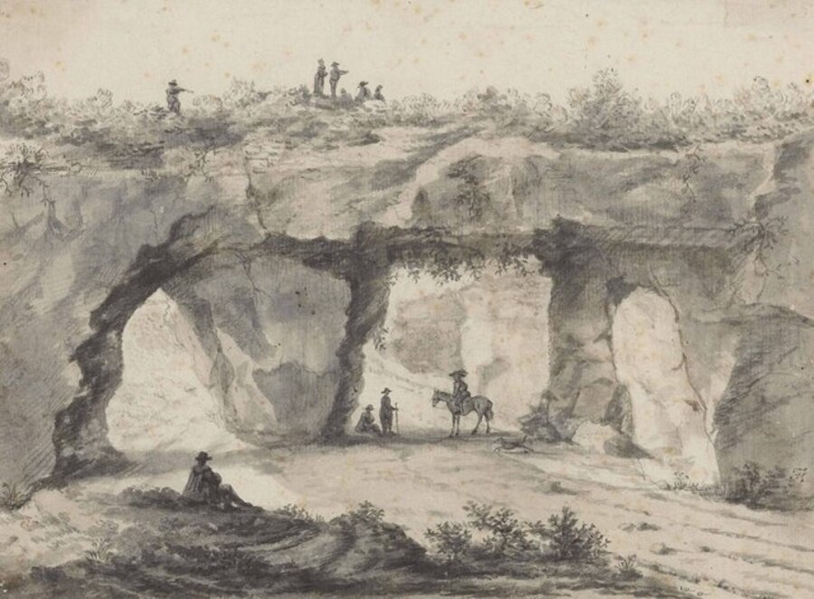 A rocky outcrop covered in vines with figures over and below the tunnels (recto), Sketch of a wooded landscape (verso)