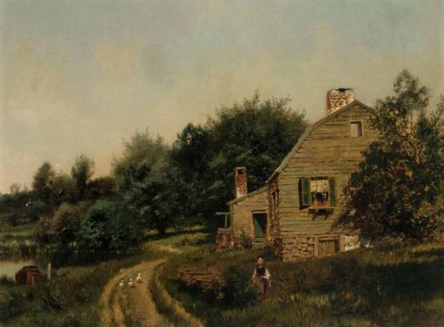 Woman by a Lakeside House