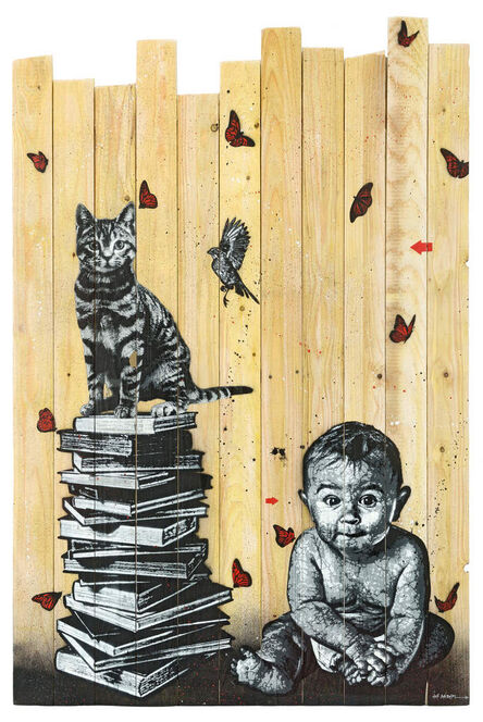 Jef Aérosol, ‘BOOKS, CAT, BIRD AND BABY’, 2017