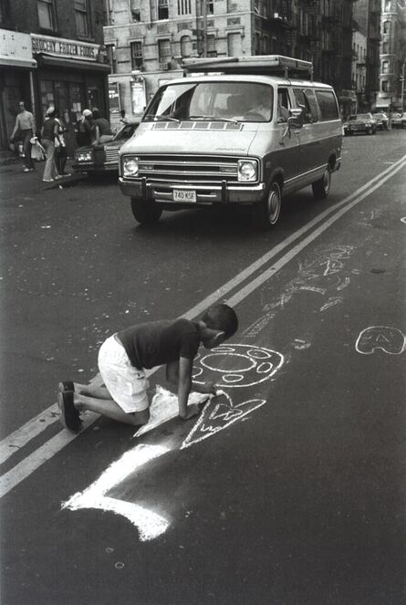 Martha Cooper, ‘Boy Writing OWL on Street with Chalk as Van Approaches, Lower East Side, New York, NY’, 1978