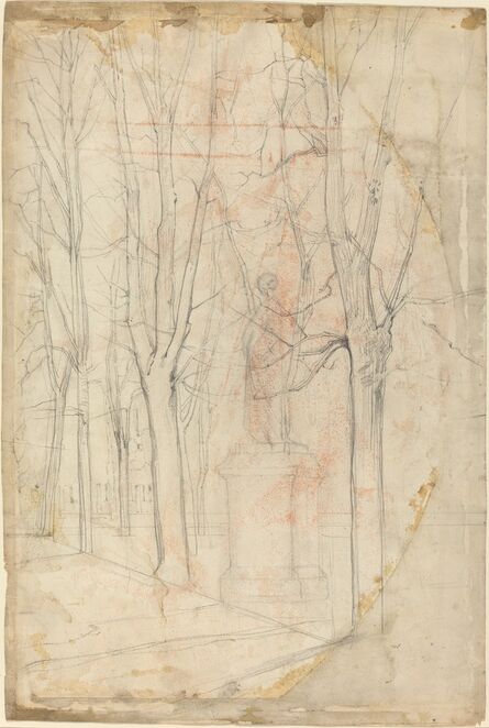 Félix Hilaire Buhot, ‘Sketch of Trees with a Statue on a Pedestal’