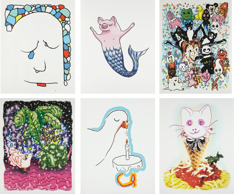 Urs Fischer, ‘Stonewaller; Cakesniffer; Pet Parade; Goodnight; Spaghetti Cat; and Pigmaid’, 2015, Print, Six screenprints with acrylic, on wove paper, with full margins, Phillips