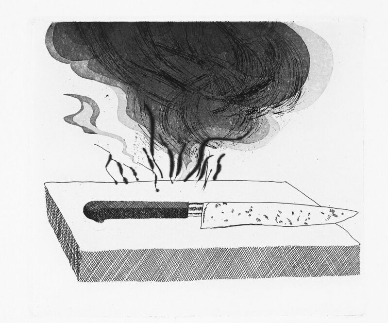 David Hockney, ‘The Carpenter's Bench, a Knife and Fire’, 1969, Print, Aquatint, etching and drypoint, Goldmark Gallery