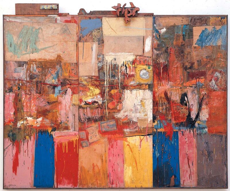 Robert Rauschenberg, ‘Collection’, 1954, Combine: oil, paper, fabric, newspaper, printed reproductions, wood, metal, and mirror on three canvas panels, Robert Rauschenberg Foundation