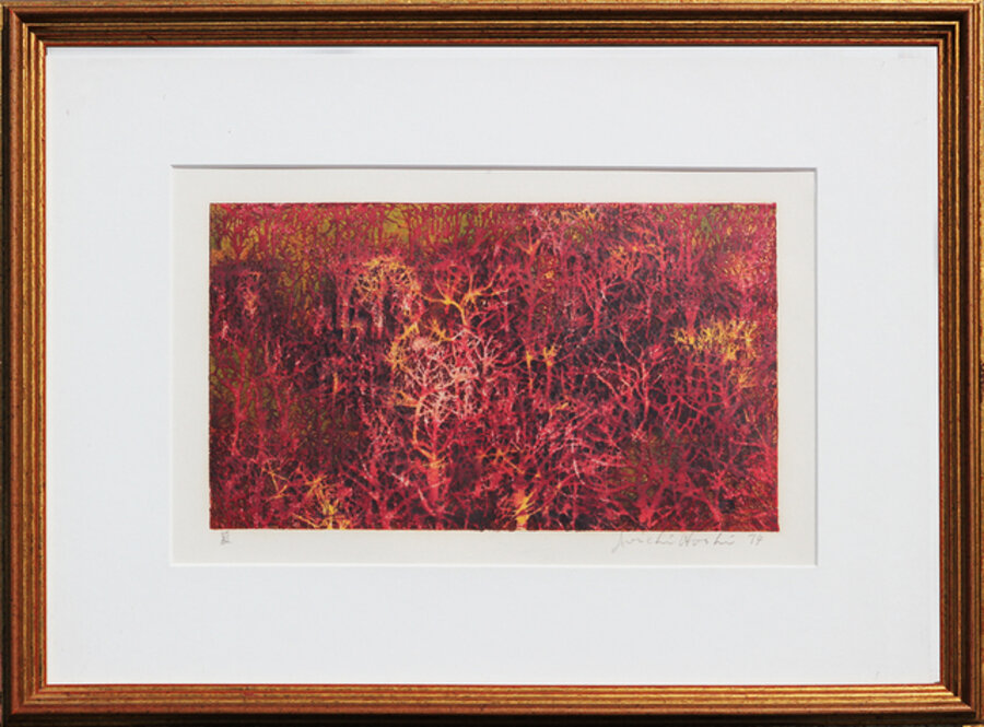 Red Monochromatic Abstract Woodblock Monoprint of a Web of Trees Landscape