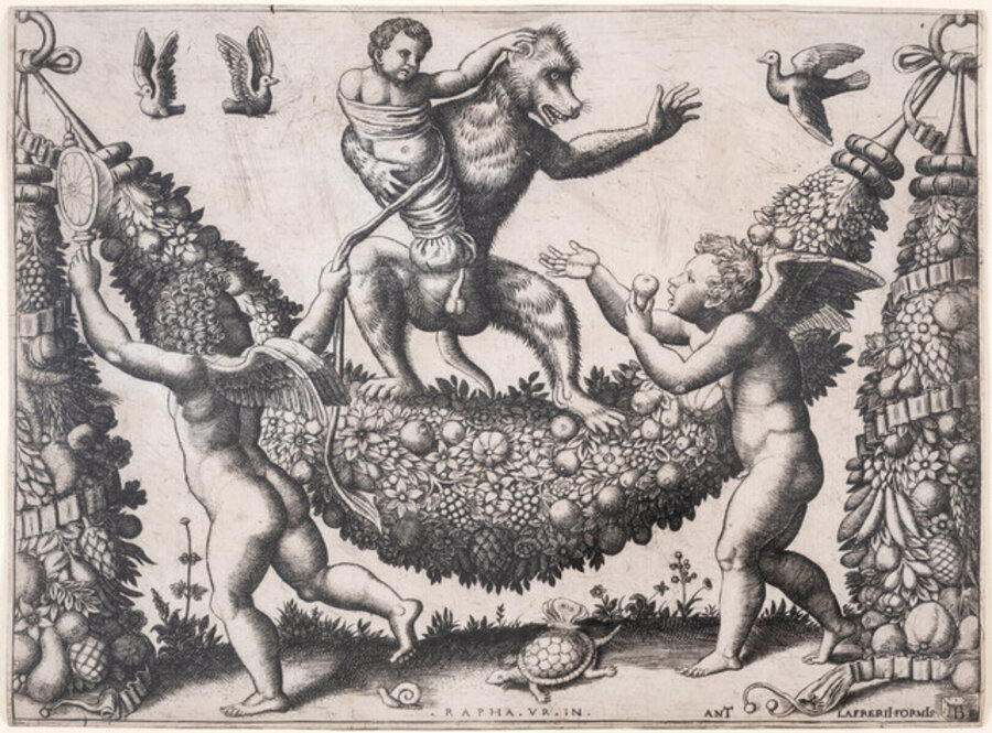 Two putti mocking a monkey