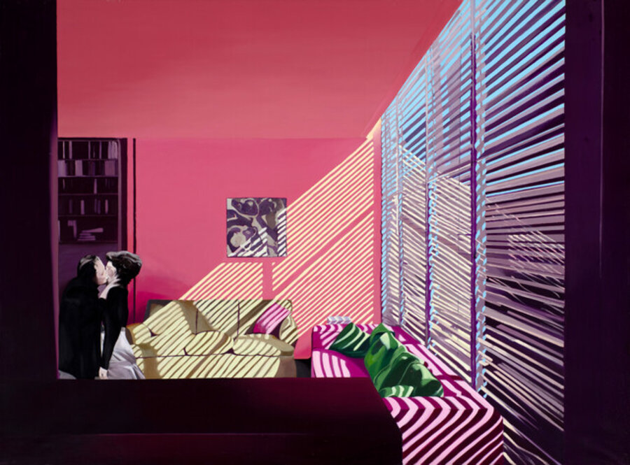 Untitled (Women kissing with sunlight through blinds)