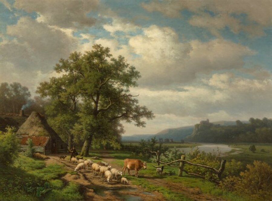 A wooded landscape with a drover and livestock on a track (collab. with Eugène Verboeckhoven)