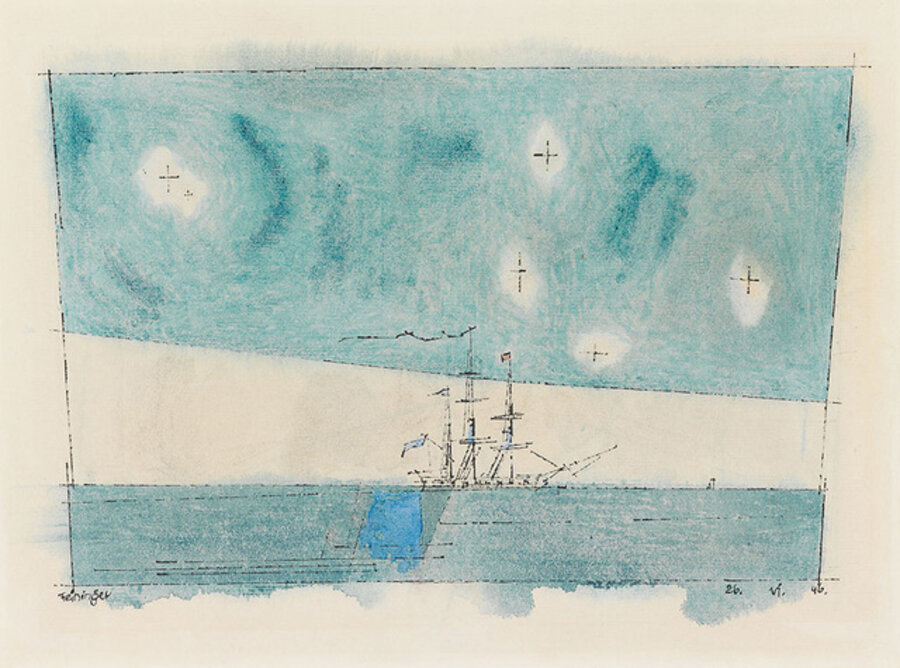 Untitled (Ships, Evening at the sea; verso ships and island)