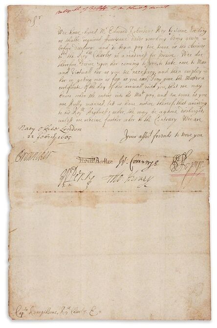 ‘Samuel Pepys: Letter signed to Captain Kempthorne of the Royal Charles concerning the hiring of a hoy’