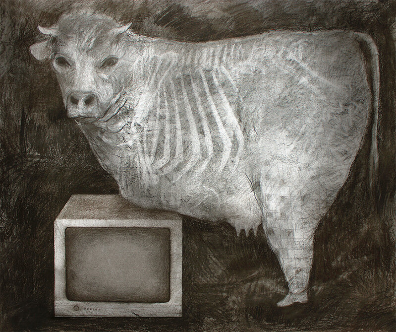 Fadi Al-Hamwi, ‘Cow and TV’, 2015, Drawing, Collage or other Work on Paper, Charcoal on Paper, Contemporary Art Platform Kuwait
