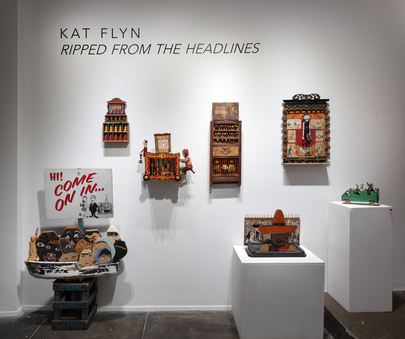 Kat Flyn, ‘Asylum ’, 2017, Sculpture, Assemblage sculpture: old wood boat, wood hand painted paddles, carved ethnic statue of liberty, wood waves, Ferrara Showman Gallery