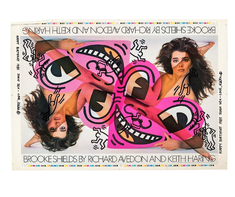 Keith Haring, ‘""HAPPY BIRTHDAY 1985 JOHN SEX- LOVE, KEITH", Brooke Shields by Richard Avedon and Keith", 1985,  TEST Poster, SIGNED / DATED / INSCRIBED to John SEX (twice), UNIQUE’, 1985, Print, Lithograph on paper, VINCE fine arts/ephemera