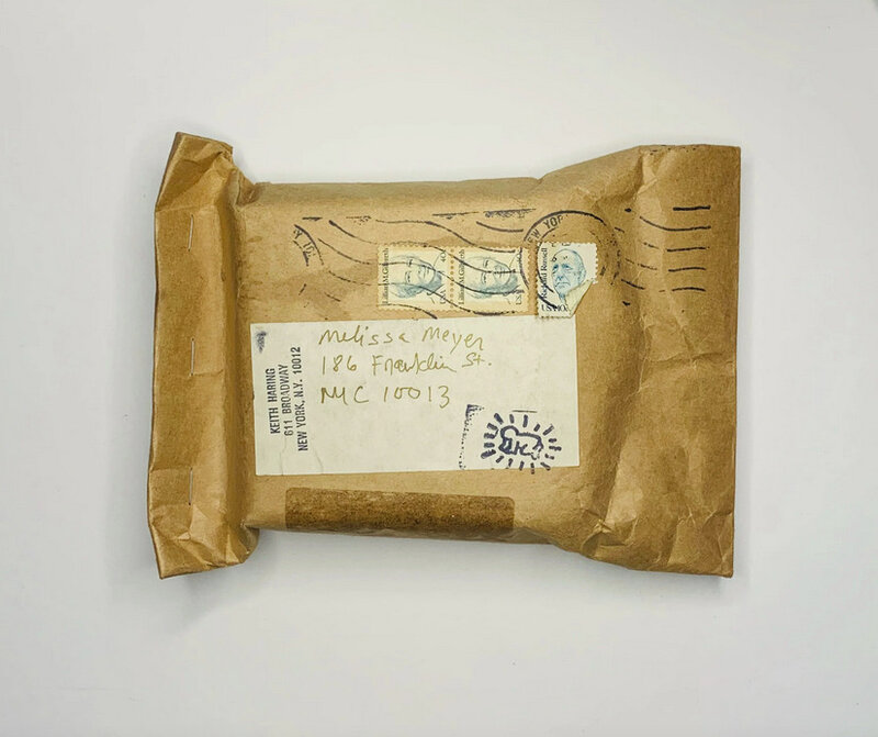 Keith Haring, ‘'Second Annual Party of Life' (Jig-saw puzzle invitation)’, 1985, Mixed Media, Envelope, stamps, printed cardboard box, puzzle pieces, metal button, printed paper, pen, Artificial Gallery