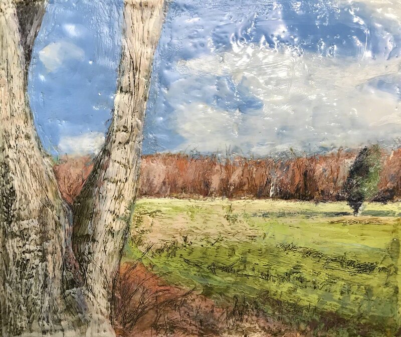 Marcie Wolf-Hubbard, ‘Meadowbrook Park’, Painting, Encaustic and oil stick on panel, Zenith Gallery
