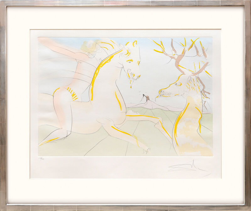 Salvador Dalí, ‘Le cheval s’étant voulu venger du cerf. (The Horse that Wanted Revenge on the Stag.)’, 1974, Print, Drypoint etching on Arches paper with hand colouring by pochoir, Peter Harrington Gallery
