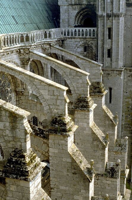 ‘Chartres Cathedral: exterior, detail of flying buttresses on N. side (view from N. transept)’, ca. 1194-1220