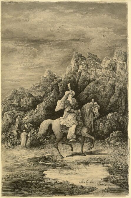 Rodolphe Bresdin, ‘Oriental Horsewoman in a Desolate Mountain Landscape’, 1858