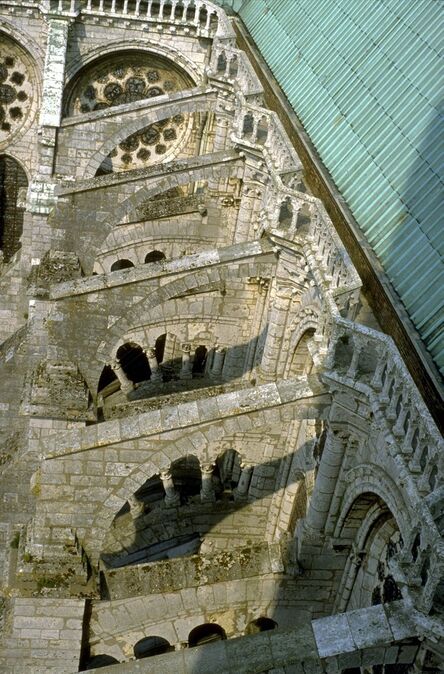 ‘Chartres Cathedral: exterior, detail of flying buttresses on N. side (view from N. tower)’, ca. early 13th century