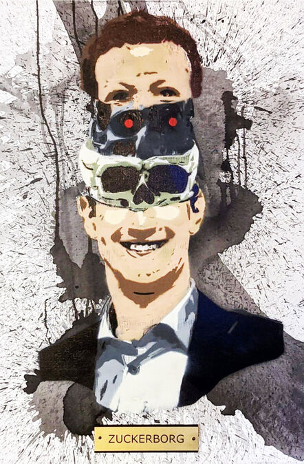 Kar-Part, ‘"Zuckerborg"  Mark Zuckerberg aerosol, acrylic and bronze nameplate framed on canvas’, 2020