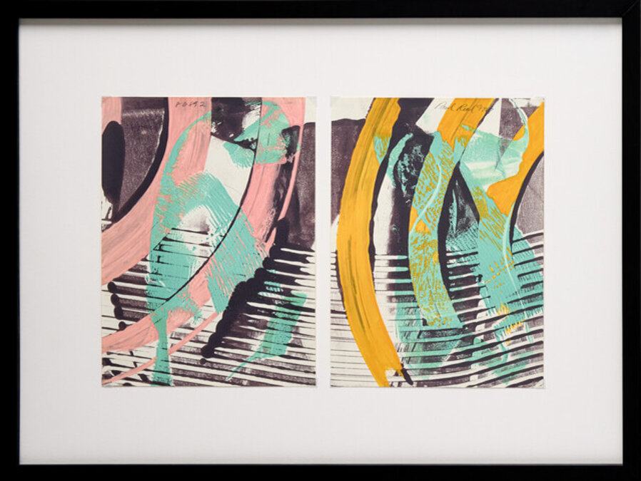 Framed Diptych Abstract Screen Print by Paul Reed with Hues of Green and Pink