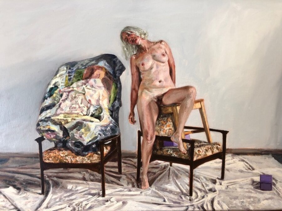 The artist's model, standing with crushed Stoner painting