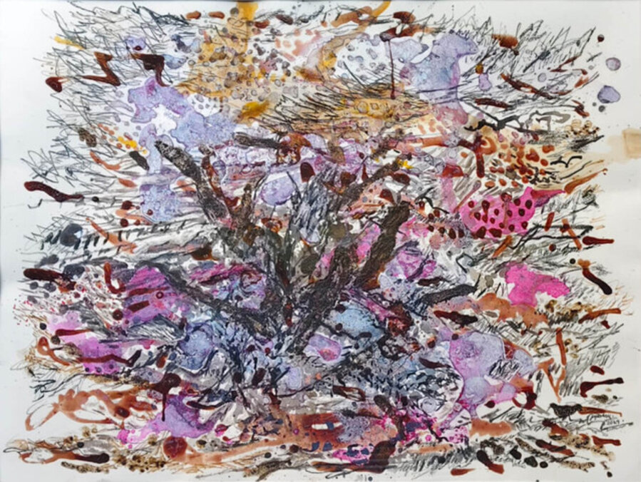 Weed Flowers, Acrylic, Tea Stain, Graphite on Paper