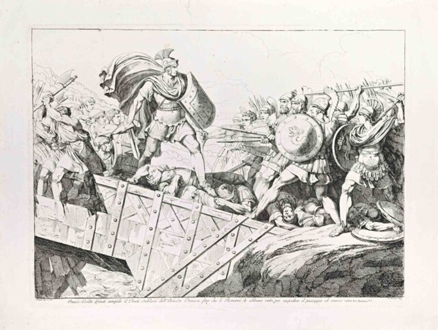 Horace Cocles fearlessly defends the Sublician Bridge from the Etruscan Army