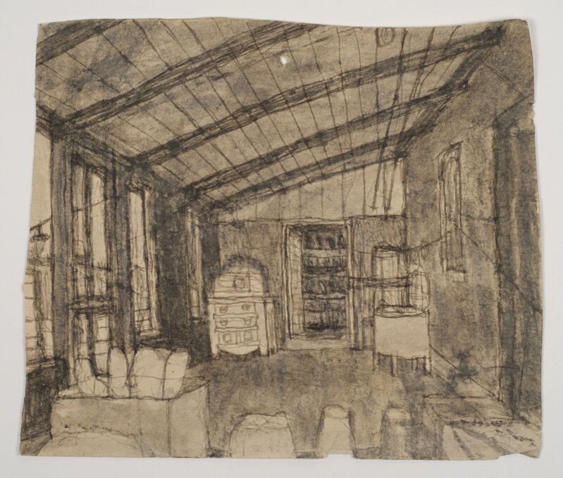 James Castle, ‘Untitled (Room interior with slanted ceiling)’, n.d., Drawing, Collage or other Work on Paper, Soot and saliva on paper, Fleisher/Ollman