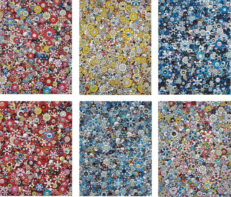 Takashi Murakami, ‘Dazzling Circus: Embrace Peace and Darkness within Thy Heart; MG; 1960->2012; Blue Flower & Skulls; Skulls & Flowers Red; Signal; and This Merciless World’, 2010-2015, Print, Six offset lithographs in colours, on smooth wove paper, the full sheets., Phillips