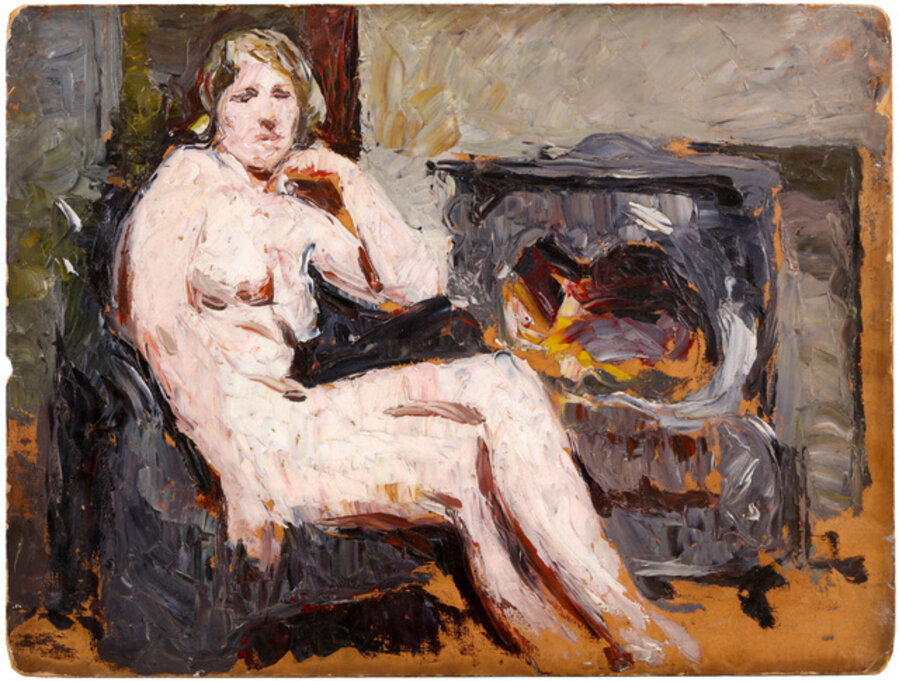 Nude seated by stove