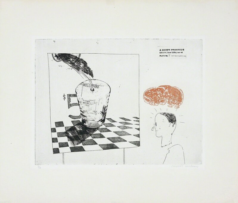 David Hockney, ‘Disintegration, pl. 7 from A Rake's Progress’, 1961-1963, Print, Etching and aquatint, in black and red, on Crispbrook Royal Hotpress paper, with full margins, Phillips