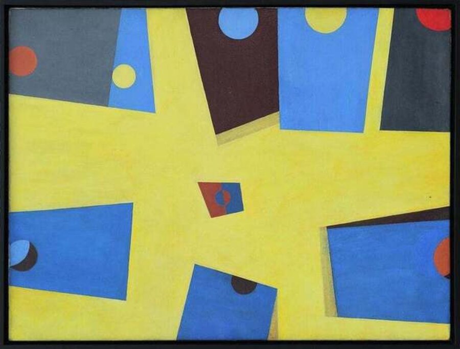 Early Modern American Cubist Yellow, Blue, and Red Abstract Geometric Painting