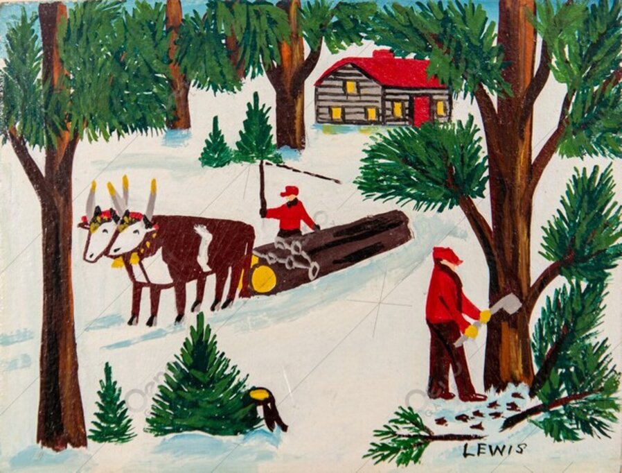 The Log Cutters - bright, colourful, Canadian, oil paint, outsider, folk art