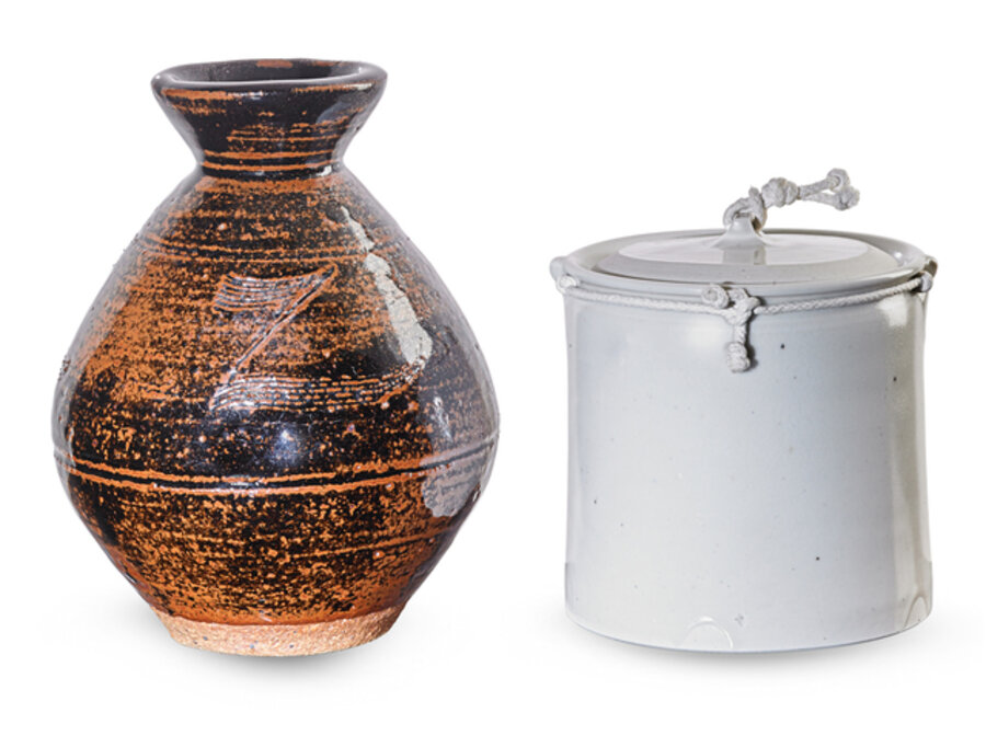 Leach vase with incised decoration, Temple lidded jar with string